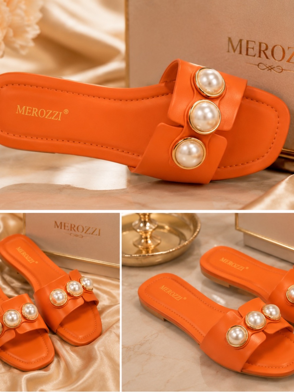 Merozzi Orange Pearl-Accent Slide Sandals for Women